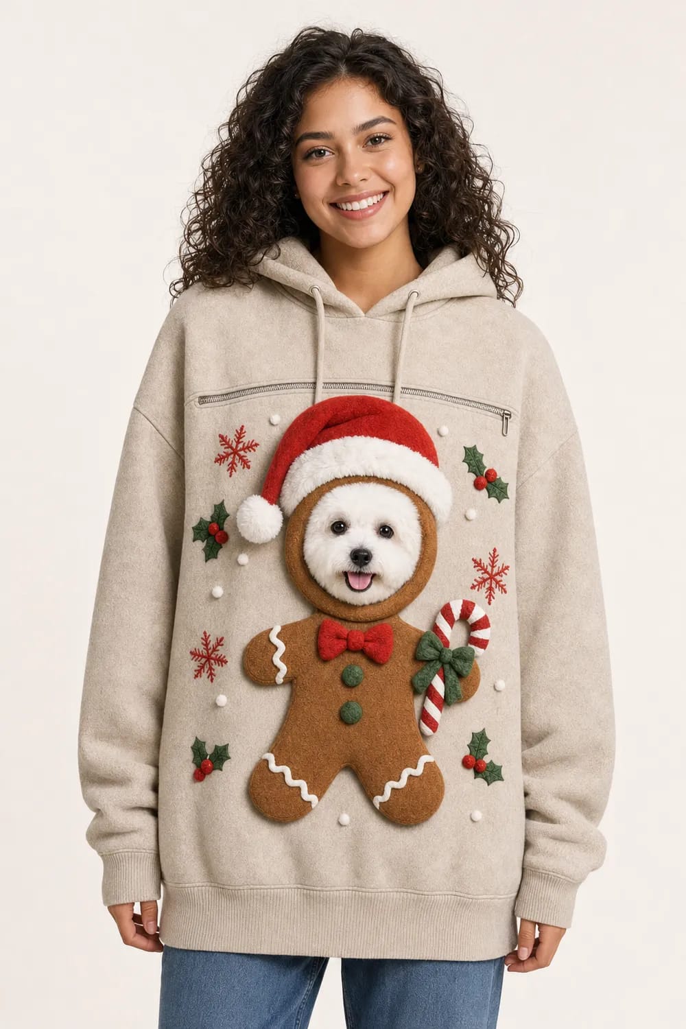 Gingerbread hoodie worn with a white puppy peeking out
