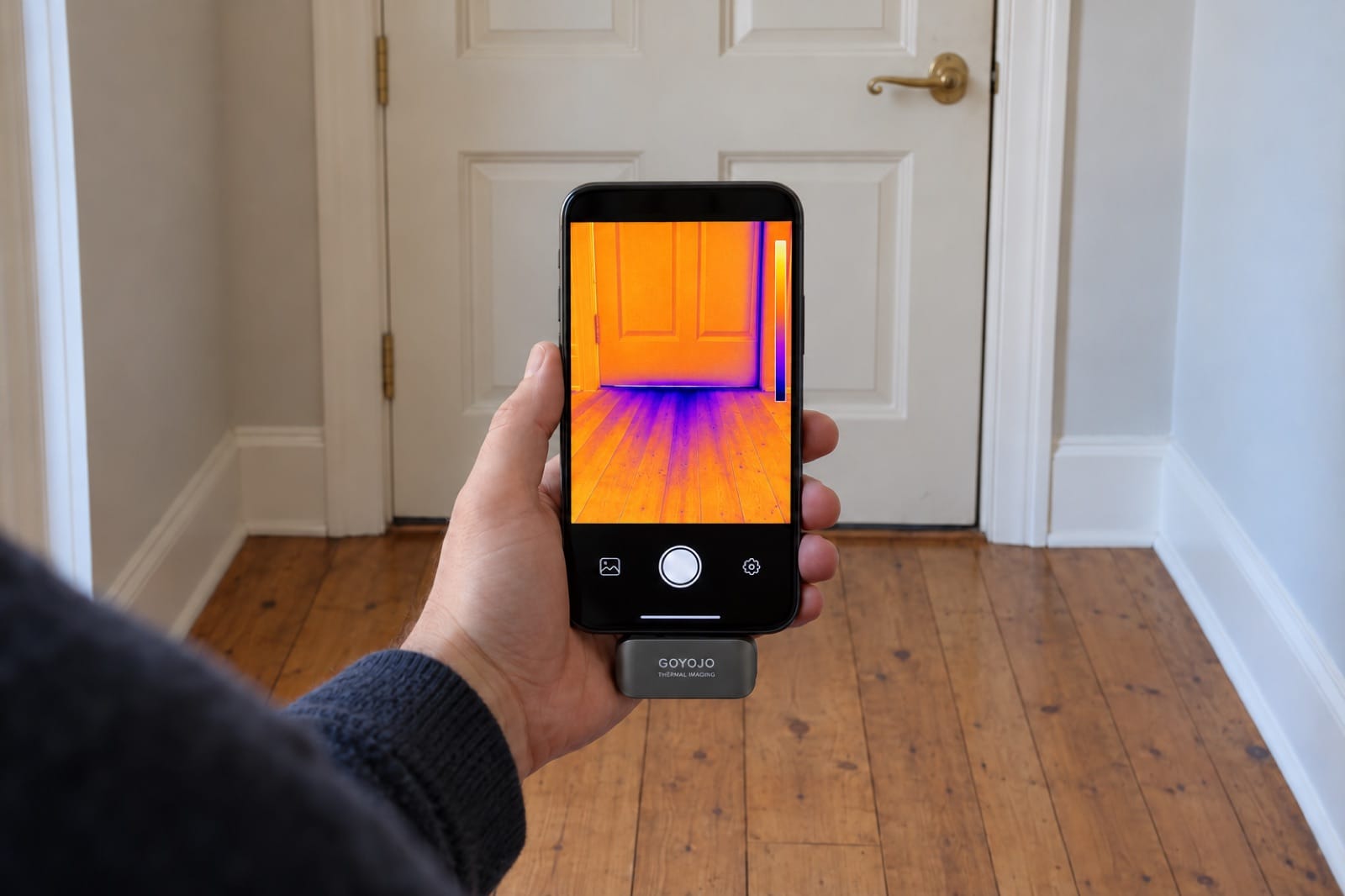 Spark Pro shows cold air fanning in under a front door and up the latch side of the frame