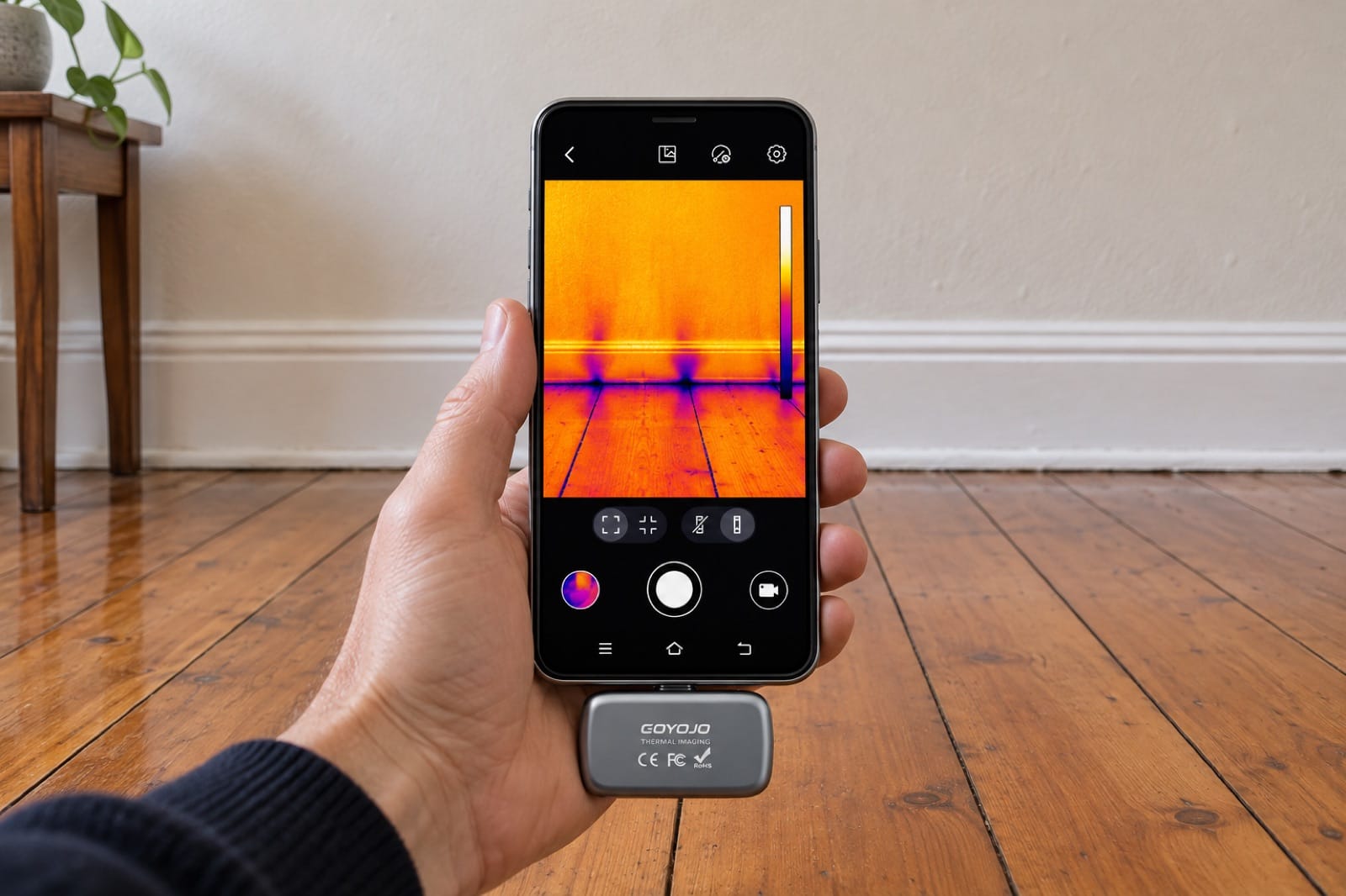 Thermal view of a timber floor: thin cold fingers of subfloor air come up under the baseboards and between the boards
