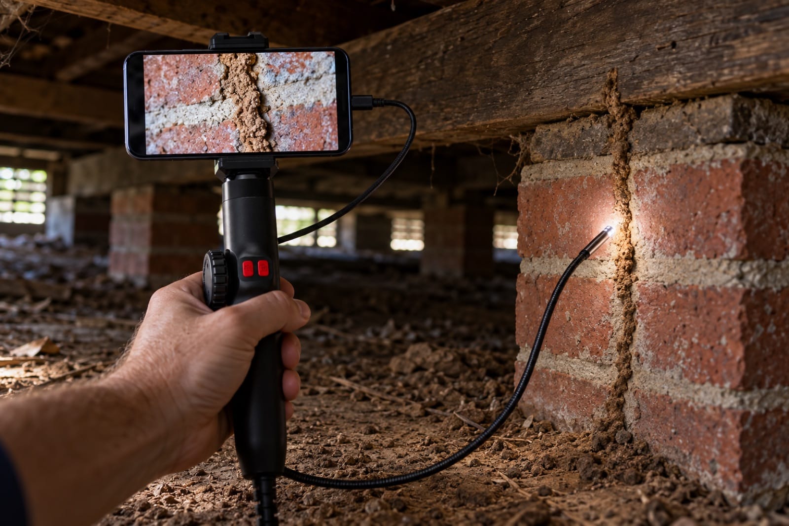 An inspection camera shows a termite mud lead running up a brick pier under the house