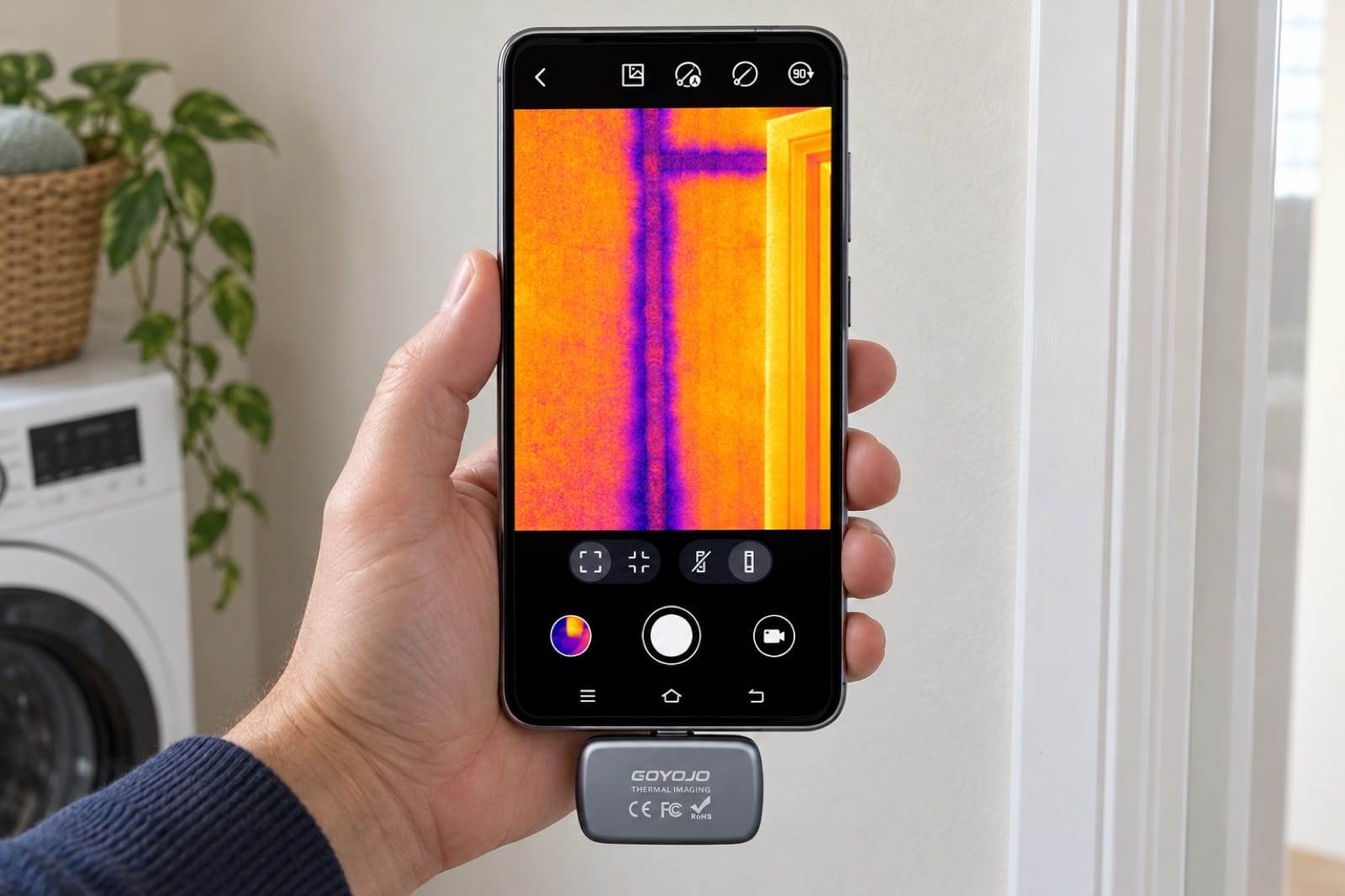Thermal view of a laundry wall: straight, even cool bands along the studs and noggings