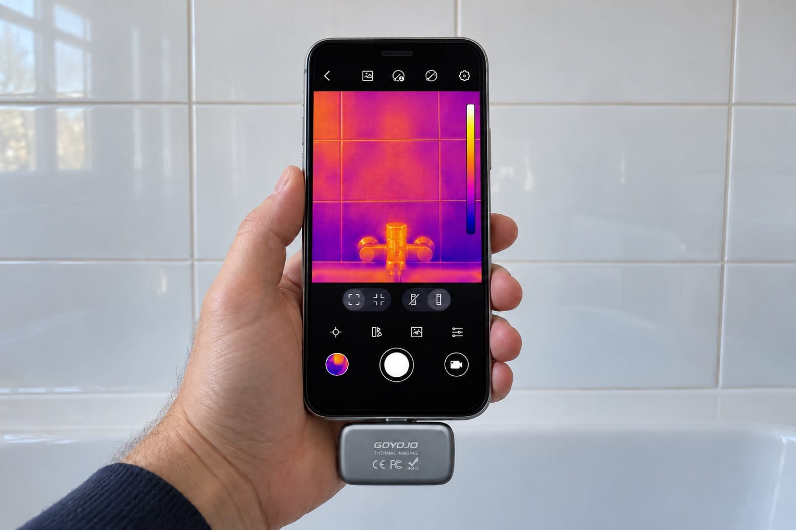 Thermal view of glossy bathroom tiles showing a faint warm reflection of the person holding the camera