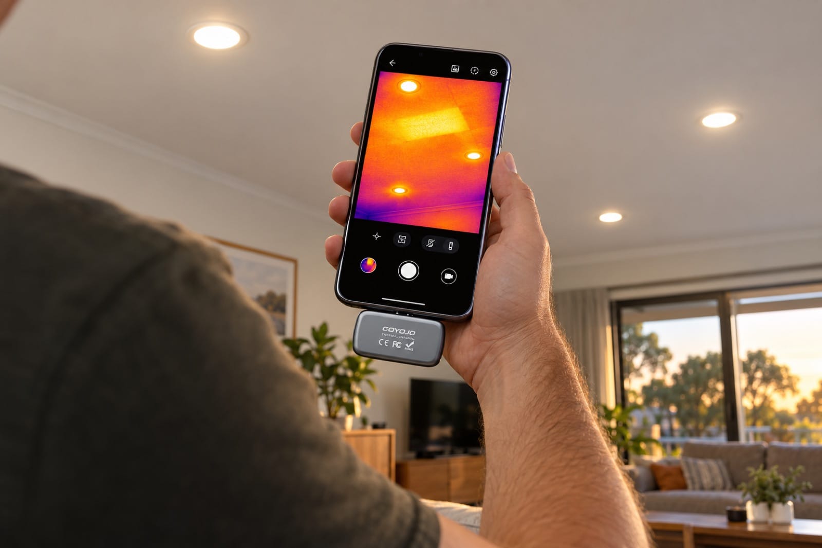 Scanning a ceiling with Spark Pro: a missing insulation batt shows as a bright rectangle
