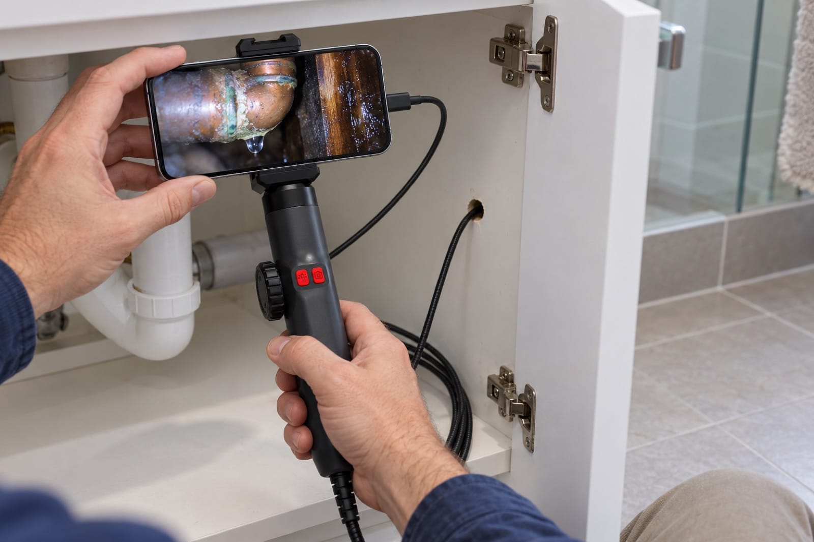 An inspection camera through a small hole behind a vanity shows a corroded, dripping pipe joint