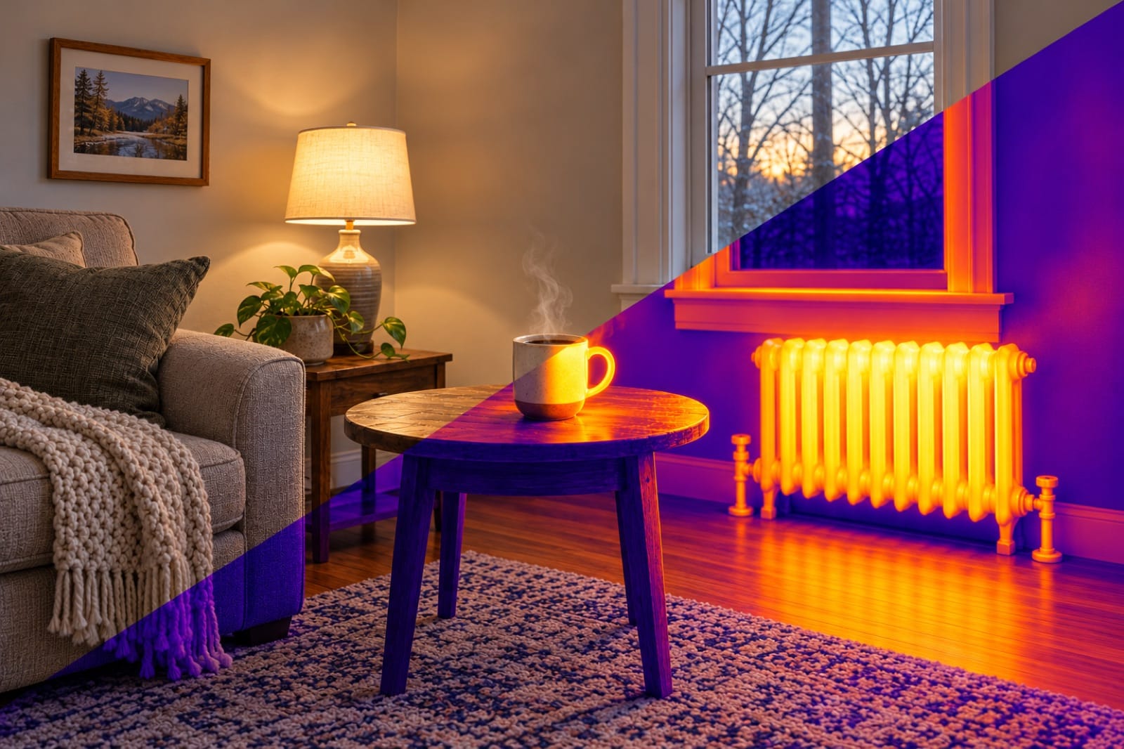 A living room split in two: half a normal photo, half the same scene as a thermal image