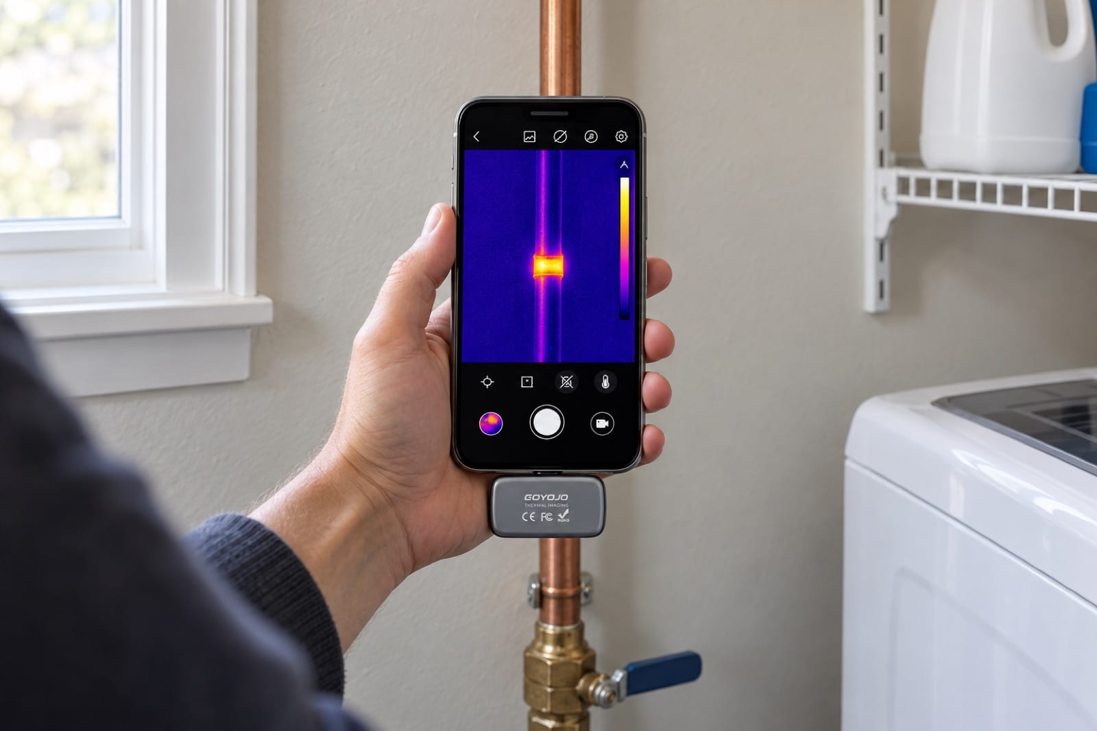 A shiny copper pipe reads cold on the thermal camera, while a strip of black tape on it shows the real heat