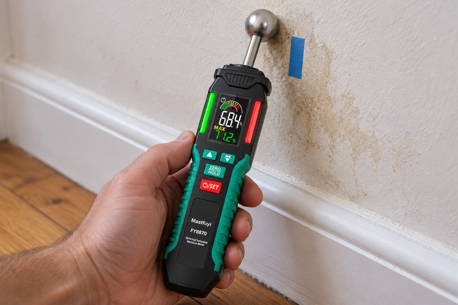 A pinless moisture meter pressed against the wall next to a damp stain