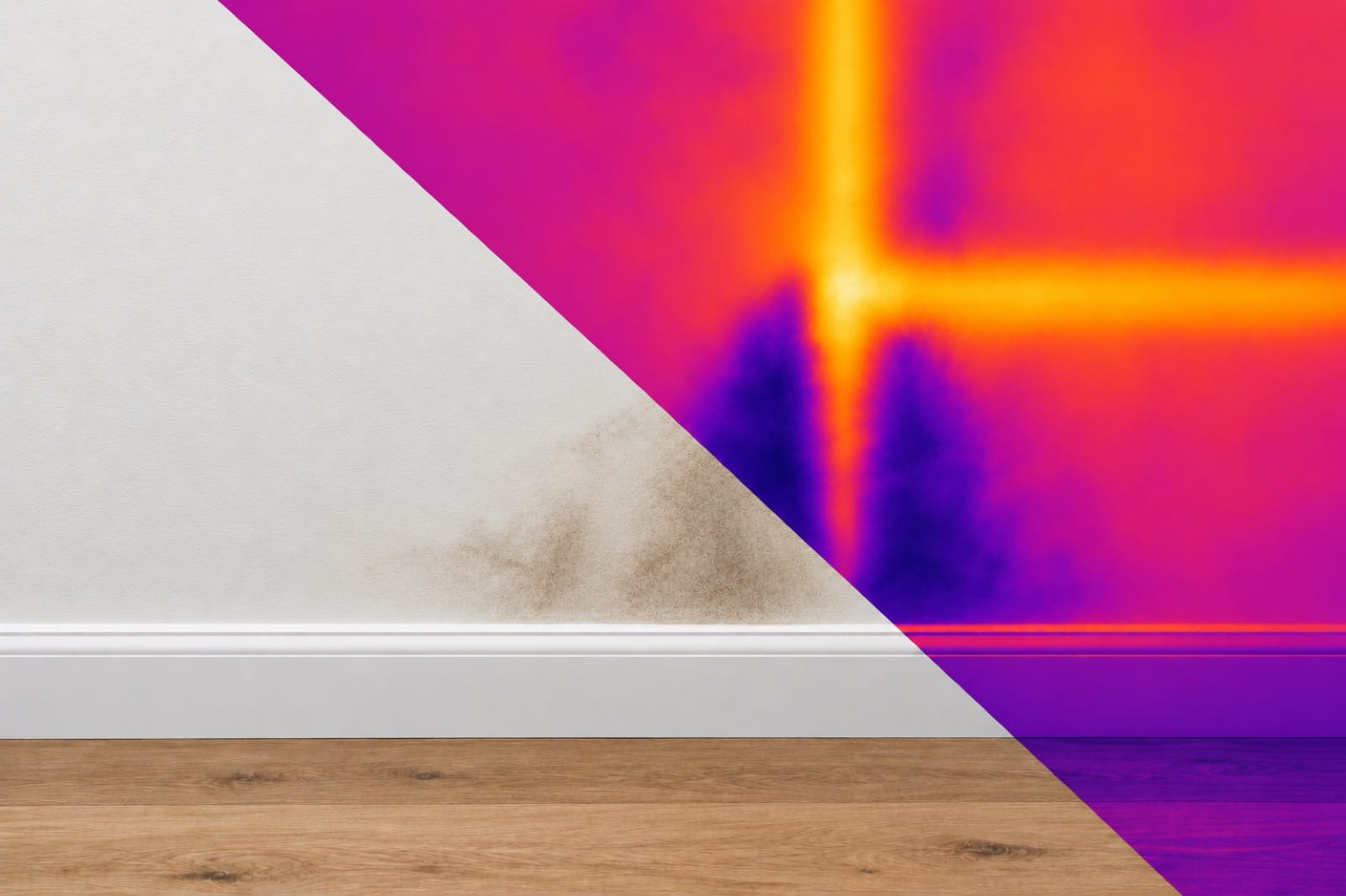 The same bathroom wall as a photo and as a thermal image: a faint stain above the skirting is a cold, wet patch spreading down from a warm pipe joint