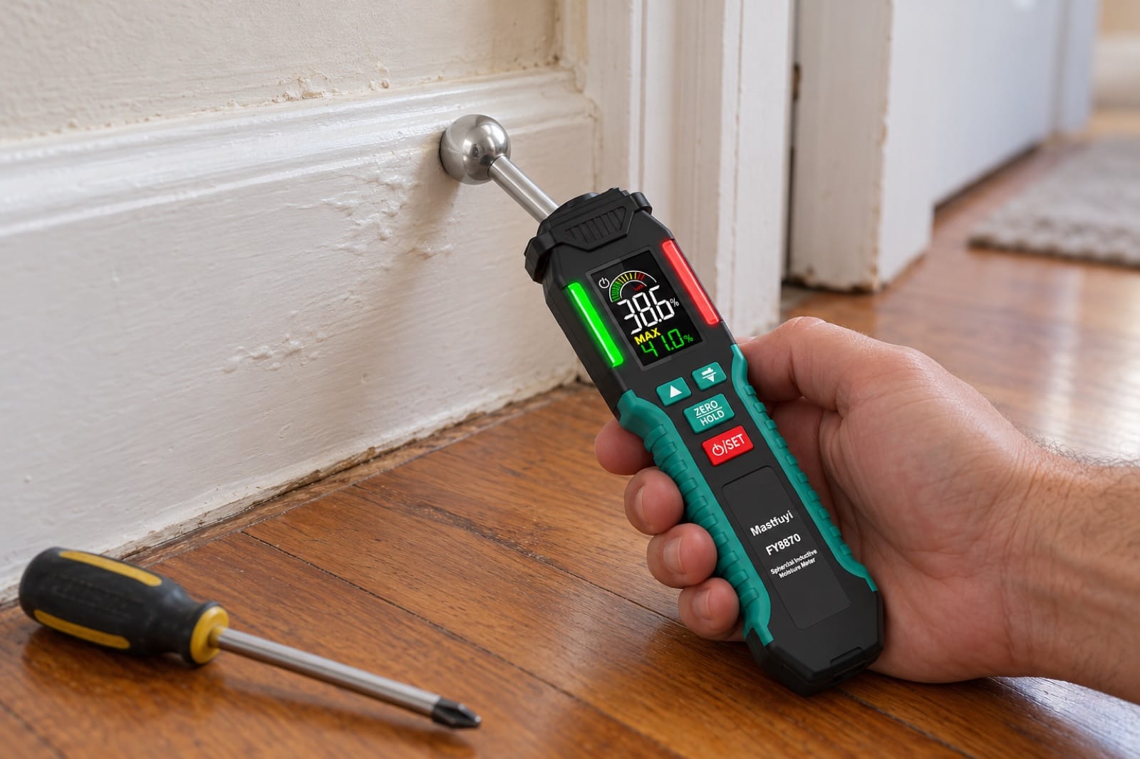 A pinless moisture meter on a skirting board with rippled paint