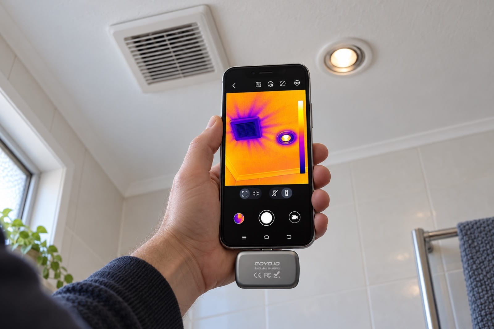 Thermal view of a bathroom ceiling: cold streaks spread from an exhaust fan and a ring forms around an old recessed light