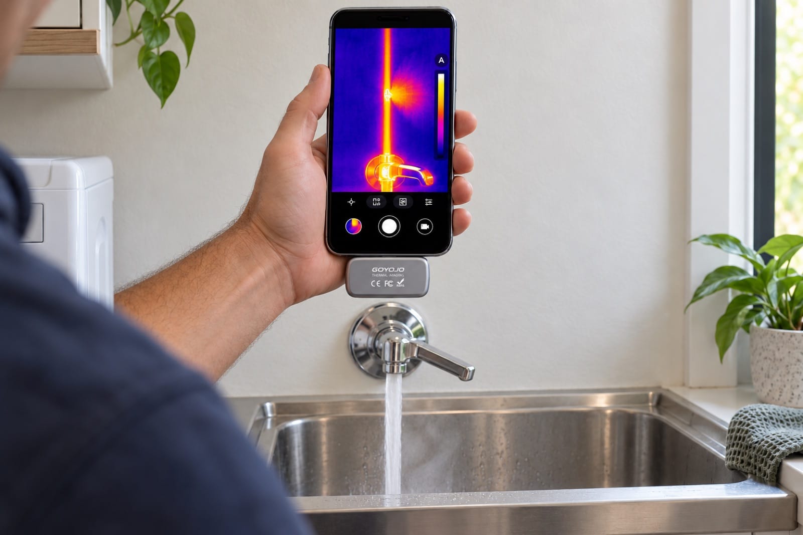 Thermal view of a laundry wall: the hot pipe glows and a warm patch spreads from one point
