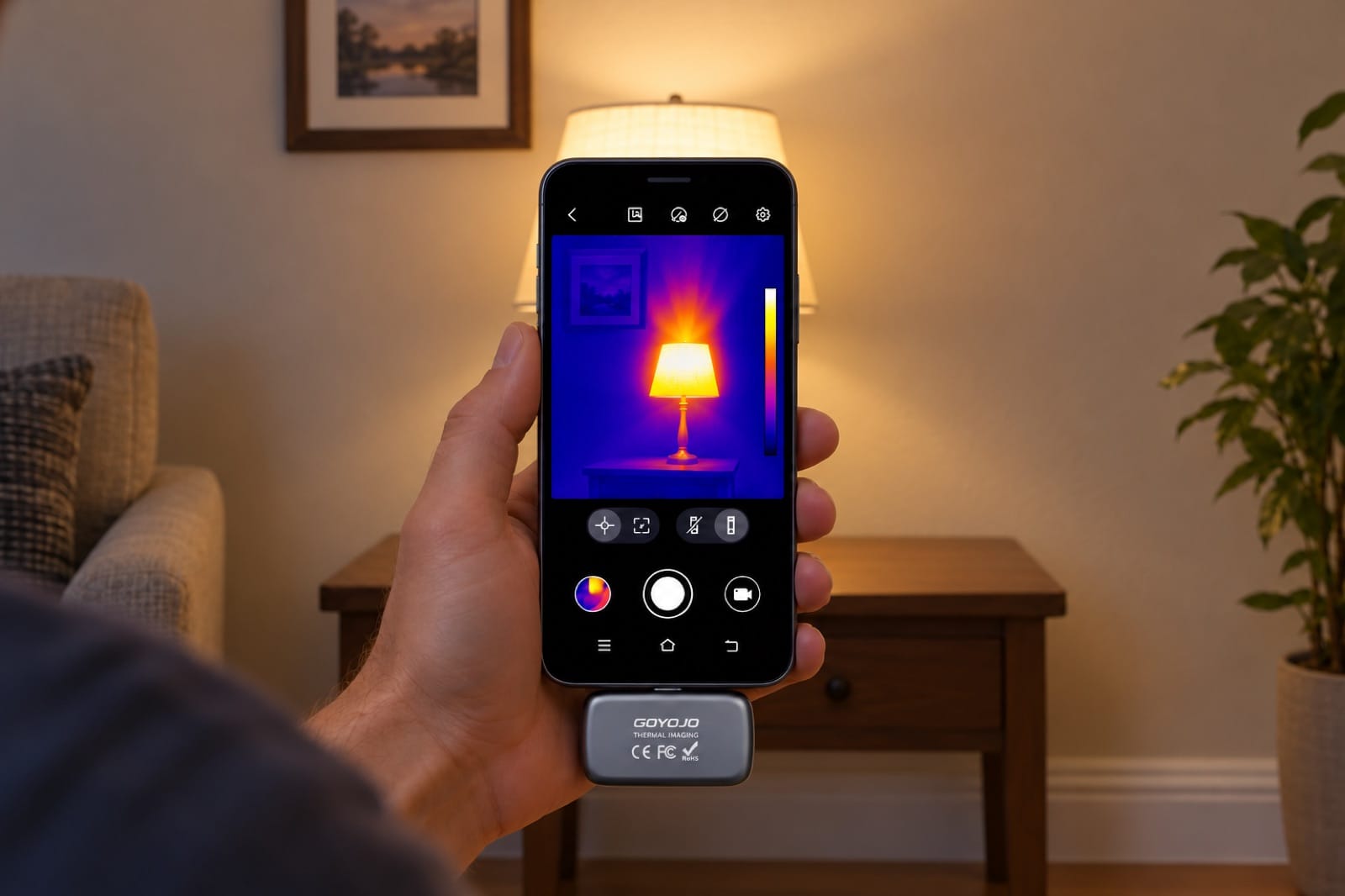 Spark Pro aimed at a table lamp: the lamp glows white and the rest of the wall turns uniformly purple