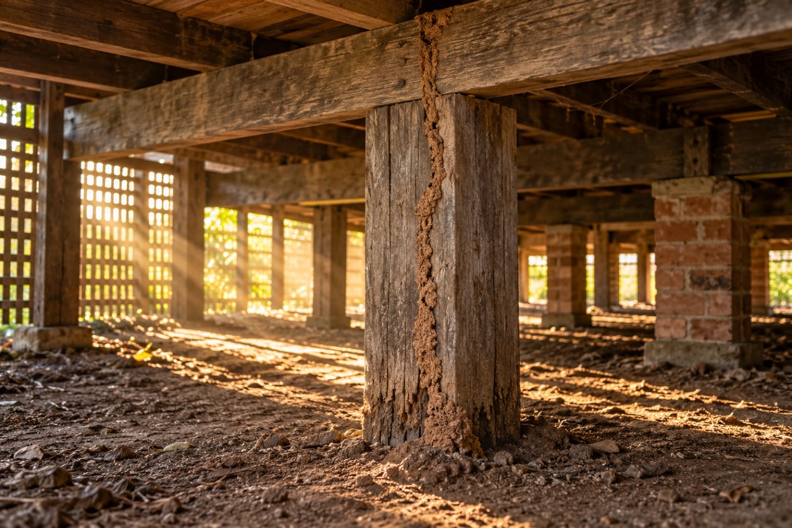Subfloor of a raised Australian house with a termite mud lead running up a timber stump