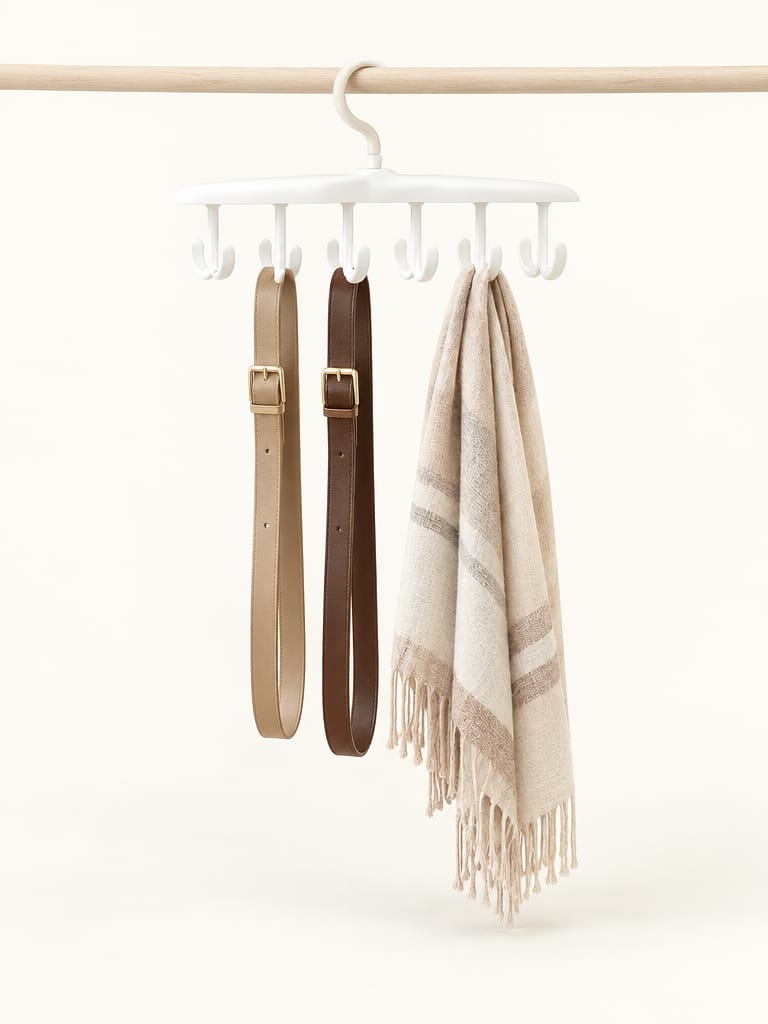 White rotating closet hanger with belts and a scarf